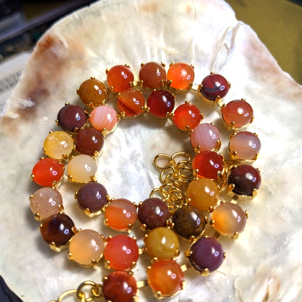 Genuine Red, Orange, Yellow Indian Agates In 14k Gold Plated Classic Necklace